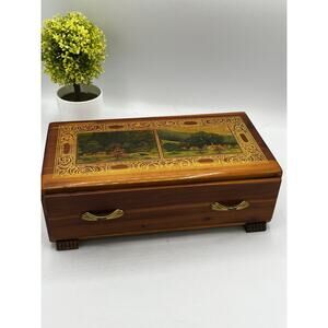 Vintage Cedar Sliding Lid Box Brass Handles Decoupage Pastoral Landscape Footed